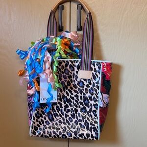 Consuela Leopard Tote with Colorful straps and bold floral patterns on sides.NWT
